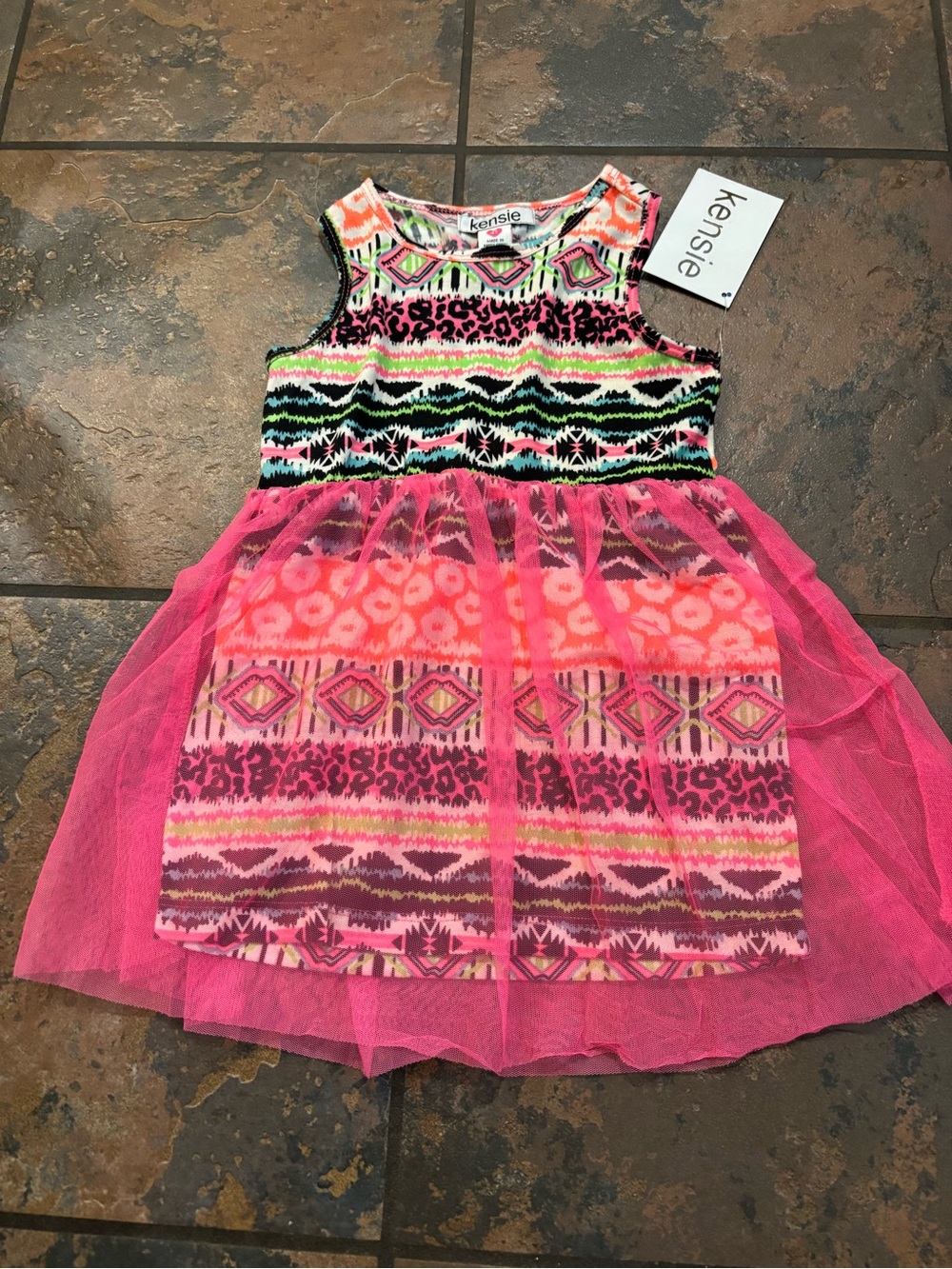 kensie Girls Neon Pink Multicolor Patterned Tulle Dress